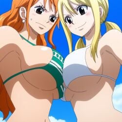 2girls ai_generated big_breasts bikini blonde_hair blush breasts breasts_press breasts_pressed_against_partner breasts_pressed_together breasts_squeezed_together breasts_to_breasts catfight chest_bump cleavage competitive crossover fairy_tail female_only huge_breasts large_breasts lucy_heartfilia multiple_girls nami nami_(one_piece) navel one_piece orange_hair post-timeskip stare sweat symmetrical_docking titfight waist yuri