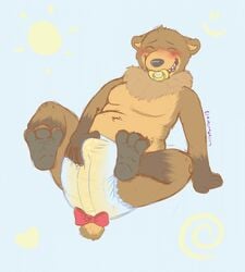 2017 3_toes bear blush brown_fur closed_eyes cute diaper diaperfur erection erection_under_diaper fur grizzly_bear hand_on_diaper littlemonsterz_(artist) male mammal masturbation mock_(character) mockthebear pacifier paws peeing simple_background urine wet_pussy