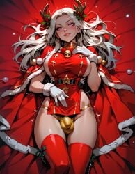 ai_generated bed bed_sheet bedroom bedroom_eyes bulge bulge_through_clothing christmas christmas_outfit edelgard_von_hresvelg edelgard_von_hresvelg_(snowfall_future) fire_emblem fire_emblem:_three_houses fire_emblem_heroes flaccid_penis futa_focus futanari manofmidas panties purple_eyes seductive_look white_hair