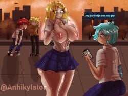 aiden_fox_(fnafhs) anhikylator big_breasts blue_eyes bon_(fnafhs) exhibitionism fnafhs fnafhsrule34 foxy_(fnafhs) golden_(fnafhs) joy_(fnafhs) nipples red_hair school school_uniform spanish_text