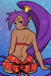 1girls 2024 akairiot ass ass_focus blue_eyes blush christmas dark-skinned_female dark_skin ear_piercing earrings female female_only highres large_ass long_hair looking_at_viewer looking_back nude nude_female open_mouth ponytail purple_hair ribbon shantae shantae_(character) solo