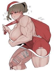 ? absurdres antlers blush breasts dress english_text female futanari gag geumgang_(odd_snail) hat highres holding holding_sack horns large_breasts large_penis multiple_girls muscular muscular_female oddsnail original penis reindeer_antlers sack santa_costume santa_hat signature snail solo sweat thick_thighs thighs tight_clothes tight_dress torn_clothes veins veiny_arms veiny_penis white_background