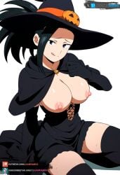 ai_generated big_breasts black_eyes black_hair boku_no_hero_academia female juanpiamvs long_hair momo_yaoyorozu patreon patreon_username sitting subscribestar subscribestar_username tongue_out watermark witch_costume witch_hat yaoyorozu_momo