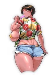 1girls ass ass_focus big_ass big_breasts big_butt breasts breasts_out brown_eyes brown_hair denim_shorts female female_focus female_only genderswap genderswap_(mtf) kamen_rider kamen_rider_ex-aid_(series) kiriya_kujo large_ass large_breasts large_butt looking_back looking_behind nipple_outline popsicle popsicle_in_mouth rule_63 short_hair shorts solo t-shirt tan_body tan_skin thick_ass thick_thighs thighs tied_shirt tiny_bikini tomboy torimotsukinkan tropical_shirt yellow_bikini yellow_eyes