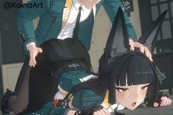 ai_generated ass ass_grab ass_up black_hair body_blush brown_eyes cat_girl female from_behind head_grab hoshimi_miyabi koinaart lying_on_stomach on_floor pinned sex shirt skirt stable_diffusion vaginal_sex zenless_zone_zero