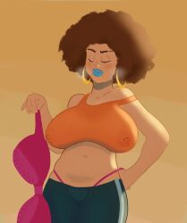 1girls afro big_breasts blue_lipstick blush bra brown_hair closed_eyes crop_top earrings female heavy_breathing inverted_nipples moitasart nipples_visible_through_clothing pants thong