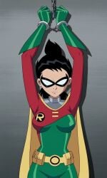 ai_generated black_hair cape captured clothed costume dc dc_comics dick_grayson female gloves green_gloves handcuffed handcuffs mask medium_breasts pixai ponytail robin_(dc) rule_63 skin_tight slim superheroine teen_titans