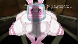 bunny bunny_ears carbdorb drooling fur glitching large_ass large_breasts large_thighs melanie_(regretevator) object_head on_knees penis_shadow regretevator roblox_game shadow text thighhighs tv_head