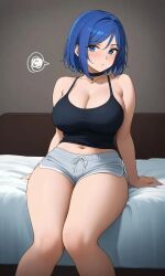 1girls 2024 ai_generated ass bed bedroom big_ass big_breasts black_top blue_eyes blue_hair blush breasts short_hair shorts sitting sitting_on_bed