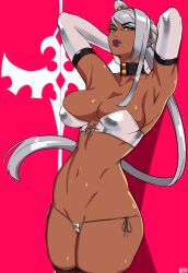 absurdres alecto_0 arms_behind_head black_collar bra breasts code_geass collar dark-skinned_female dark_skin elbow_gloves female g_string gloves grey_bra grey_hair grey_panties grey_underwear highres large_breasts lingerie long_hair micro_bikini micro_bikini_bottom panties pink_background ponytail side_tie_panties silver_hair solo solo_female symbol thighs_up underwear villetta_nu white_gloves yellow_eyes