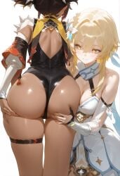 2girls ai_generated ass ass_focus ass_grab bare_shoulders black_hair blonde_hair blue_eyes blush breasts dark_skin deep_skin detached_sleeves female_face_near_ass from_behind genshin_impact hair_feathers hair_flower hair_ornament head_on_ass huge_ass leotard long_hair lumine_(genshin_impact) mako16 mako_(artist) medium_breasts multicolored_hair multiple_girls orange_eyes red_hair short_hair_with_long_locks smile twintails vambraces xinyan_(genshin_impact)