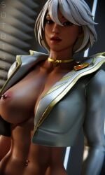 1girls 3d aphrodite_(fortnite) breasts breasts_out dark-skinned_female dark_skin female female_only fortnite fortnite:_battle_royale lipstick looking_at_viewer navel_piercing nipple_piercing partially_clothed red_lipstick solo solo_female sotb1337 tagme white_hair