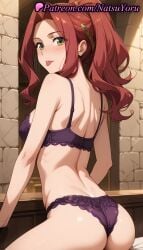 1girls :p ai_generated anime anime_style ass back bangs bare_shoulders big_ass bitch_(shield_hero) blush bra breasts brick_wall bust busty female female_focus female_only female_solo from_behind green_eyes hair_ornament hentai high_ponytail indoors juicy_butt kneeling lace-trimmed_bra lace-trimmed_panties lace_trim large_breasts lingerie long_hair looking_at_viewer looking_back makeup malty_s_melromarc medium_breasts natsuyoru non-asian on_bed oshiri panties pantsu parted_bangs ponytail purple_bra purple_panties red_hair sitting smile solo solo_female tate_no_yuusha_no_nariagari the_rising_of_the_shield_hero thighs tongue tongue_out underwear underwear_only voluptuous voluptuous_female