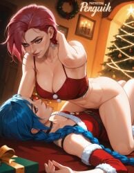 2girls ai_generated arcane arcane_vi ass big_breasts blue_hair bondage braided_hair breast_press breasts canon_couple christmas christmas_clothing cleavage female female_focus female_only incest jinx_(league_of_legends) kissing large_breasts league_of_legends lingerie long_hair mascara no_panties patreon_username penguih pink_hair santa_costume santa_dress short_hair sitting_on_person smirk straddling twintails underwear vi vi_(league_of_legends) yuri