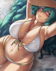 arms_up arrancar bare_shoulders bikini bleach breasts cleavage curvy facial_mark female_only green_hair huge_breasts long_hair navel necklace nelliel_tu_odelschwanck shiny_skin solo tempurachronos wide_hips yellow_eyes