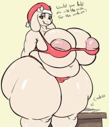 absurd_res anthro ass belly big_breasts big_butt bikini boss_monster_(undertale) bovid breasts caprine christmas christmas_clothing christmas_headwear clothed clothing digital_media_(artwork) female fur gaze_(artist) genitals goat hat headgear headwear hi_res holidays horn huge_butt looking_at_viewer mammal mature_female nipples pussy santa_hat simple_background slightly_chubby slightly_chubby_anthro slightly_chubby_female smile solo swimwear text thick_thighs toriel two-piece_swimsuit undertale undertale_(series) white_body white_fur wide_hips