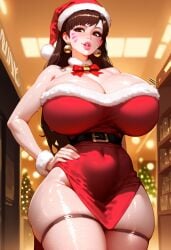 1girls ai_generated big_breasts blizzard_entertainment blush breasts_bigger_than_head brown_eyes brown_hair d.va female fishnets gigantic_breasts huge_ass huge_breasts lipstick long_hair massive_breasts overwatch pink_lipstick santa_costume santa_hat seductive seductive_look thick_thighs wide_hips