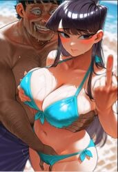 , 1boy 1girls beach big_breasts bikini blush cheating cheating_female cheating_girlfriend female fingering grabbing_breasts komi-san_wa_komyushou_desu komi_shouko male mature_female middle_finger netorare original_character scared ugly_bastard ugly_man wet