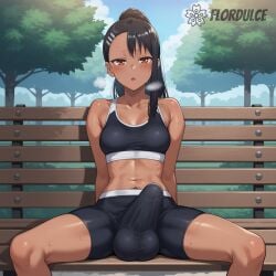 1futa ai_generated balls black_hair brown_eyes covered_penis erect_penis erection erection_under_clothes erection_under_clothing flordulce futa_only futanari hayase_nagatoro long_hair outdoors park penis please_don't_bully_me,_nagatoro ponytail pubic_hair pubic_hair_peek shorts sitting sports_bra spread_legs testicles