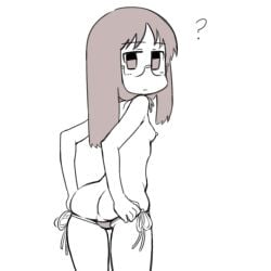 ? ass breasts female glasses looking_at_viewer looking_back minakami_mai nichijou orenji_(orenjipiiru) panties panty_lift small_breasts solo tagme underwear