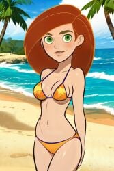 1girls ai_generated beach bikini blush detailed_background female female_only green_eyes kim_possible kimberly_ann_possible lipstick long_hair medium_breasts ocean orange_bikini orange_hair outdoors palm_tree petite petite_female self_upload smile solo stable_diffusion teenager young younger_female