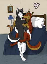 anthro bandit_(holidaypup) bed canine collaboration duo fur furry holidaypup jovo_(artist) male mammal on_bed open_mouth original_character penetration sex tongue yaoi