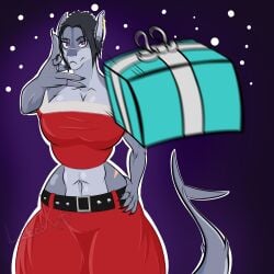 abs absurd_res animal_humanoid anthro athletic belt bottomwear breasts christmas_clothing clothing curvy_figure ear_piercing ear_ring female fish fish_humanoid gift glistening glistening_body hair hand_on_hip hi_res holidays hourglass_figure humanoid luckeeart luckeeartchristmas marine marine_humanoid meme meme_reference muscular muscular_anthro outline piercing purple_eyes ring ring_piercing scar shark shark_humanoid shark_tail simple_background skirt small_waist solo tail thick_thighs vanesa_(luckeeart) wide_hips