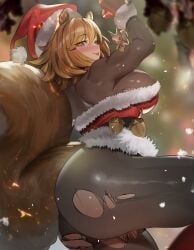 absurdres acorn animal_ears ass blurry blurry_background blush bodystocking breasts brown_eyes brown_hair christmas female fur-trimmed_headwear fur_trim gloves hat highres holidays large_breasts leotard looking_at_viewer marvel marvel_rivals red_hat red_leotard santa_costume santa_hat short_hair smile solo squirrel squirrel_ears squirrel_girl squirrel_girl_(marvel) squirrel_girl_(marvel_rivals) squirrel_humanoid squirrel_tail squirting tail teddypocky thighs tongue tongue_out