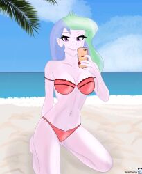 1girls 2024 artist_name beach cellphone collarbone curvy deviantart_link equestria_girls female holding_object holding_phone kneeling long_hair looking_at_viewer milf my_little_pony palm_tree phone pink_body pink_eyes pink_skin princess_celestia_(mlp) principal principal_celestia sarahthefox97 slim_waist smile solo two_tone_hair