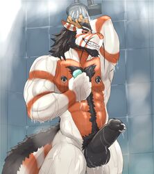 barazoku bathroom beckoning body_hair dragon eastern_dragon genital_piercing grin happy_trail kenzo looking_at_viewer male muscular nipple_piercing nipples penis penis_piercing piercing prince_albert_piercing reindeeroo shower smile soapy steam wet yaoi