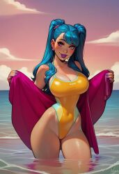 1female 1girls ai_generated ass beach big_ass big_breasts blue_hair breasts cleavage cloud earrings eyeshadow highleg_swimsuit jewelry juicy_butt lips long_hair looking_at_viewer makeup minaboom nail_polish oc outdoors pink_eyes ponytails purple_lips purple_lipstick sea sky smile solo solo_female solo_focus standing standing_in_water straight_hair swimsuit thick_thighs twintails twintails_(hairstyle) uncensored water white_body white_skin