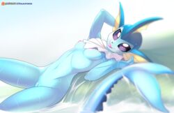 1girls 2017 anthro anthrofied areolae armpits belly big_eyes blue_fur blue_skin breasts canine eeveelution english_text female female_only fin furry hand_behind_head hi_res looking_at_viewer lying navel nintendo nipple nipples nude on_back outdoors patreon pink_nipples pokémon_(species) pokemon pokemorph purple_eyes pussy rock small_breasts smile solo tail text tongue tongue_out tsampikos vaporeon video_games water wet white_membrane yellow_membrane