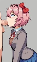 ai_generated blazer blowjob blue_eyes bow_in_hair collared_shirt coral_pink_hair doki_doki_literature_club female female gray_background kneeling open_blazer oral penis_in_mouth pixai red_bow red_ribbon ribbon sayori_(doki_doki_literature_club) simple_background skirt vest