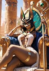 ai_generated bastet black_hair catgirl egypt female frosting.ai furry goddess gold_trim green_eyes looking_at_viewer scepter sexy sitting smile throne