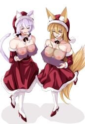 2girls :p animal_ears bare_shoulders blonde_hair blush bow breasts cat_ears cat_tail christmas cleavage collar covered_nipples detached_collar detached_sleeves dress eyebrows_visible_through_hair full_body green_eyes hair_between_eyes hat high_heels huge_breasts large_breasts licking_lips long_hair looking_at_viewer multiple_girls nipples one_eye_closed open_mouth pantyhose purple_eyes red_footwear santa_costume santa_hat short_hair smile squchan_(vtuber) standing strapless strapless_dress striped tail tongue tongue_out virtual_youtuber vyugen white_background white_legwear yellow_eyes