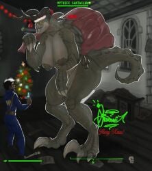 big_breasts christmas deathclaw fallout female_deathclaw game_mechanics giovannilol19 huge_breasts larger_female santa_hat sharp_claws smaller_male taller_girl