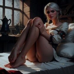 ai_generated ass bed bedroom ciri clothing feet female green_eyes light-skinned_female looking_at_viewer mascara rekano33 scar solo the_witcher_(series) the_witcher_3:_wild_hunt white_hair