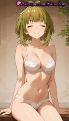 1girls ahoge ai_generated anime anime_style arm_support bangs bare_arms bare_shoulders bashame_meme blunt_bangs blush bow bow_bra bow_panties bra breasts bust busty cleavage closed_eyes closed_mouth collarbone cowboy_shot facing_viewer female female_focus female_only green_hair indoors lace-trimmed_bra lingerie medium_breasts natsuyoru navel panties pantsu shikanoko_nokonoko_koshitantan short_hair sitting smile solo solo_female stomach thighs underwear underwear_only voluptuous voluptuous_female white_bra white_panties