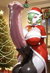 ai_generated christmas christmas_clothing christmas_outfit christmas_present christmas_tree cum cum_on_penis futa_only futanari gardevoir horsecock horsecock_futanari huge_balls huge_breasts huge_cock hyper_balls hyper_penis looking_at_viewer mistletoe nintendo pokemon pokemon_(species) santa_hat smiling window