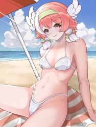 1girls bare_shoulders beach belly_button bikini collarbone feathered_wings female female_only green_hairband head_wings high_waisted_bikini indie_virtual_youtuber light_blush pillowdear pink_eyes pink_hair punnyjokez short_hair smile solo solo_female swimsuit two_tone_hair underboob virtual_youtuber vtuber watermark white_bikini wings