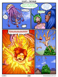 antennae aquei_(fvt) blue_eyes blue_hair bobbydando breasts comic dark_skin dialogue english_text facial_markings fairies_vs_tentacles fairy female fire glowing glowing_eyes green_eyes green_hair group hair humanoid irah_(fvt) markings monster nihallaks_(species) nude page_265 pussy red_eyes red_hair small_breasts text tree tumblr_username