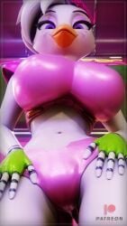 big_breasts big_breasts blackterio breasts breasts chicken chicken_girl five_nights_at_freddy's five_nights_at_freddy's:_security_breach glamrock_chica_(fnaf) glamrock_chica_(mayosplash) looking_at_viewer looking_down_at_viewer patreon pink_clothing purple_eyes white_body