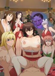 1boy 6+girls ahoge big_breasts black_hair blonde_hair blue_eyes bottle bouncing_breasts braid breast_grab breasts_out brown_eyes brown_hair chin_length_hair christmas christmas_outfit christmas_tree closed_eyes cowgirl_position drooling glasses hair_ribbon huge_breasts kazehana large_breasts lingerie looking_at_viewer looking_pleasured matsu_(sekirei) miya_asama motion_lines multiple_girls musubi nipples oni_mask ophirianmerchant panties partially_clothed ponytail pout pov pubic_hair purple_hair red_hair sekirei side_ponytail smile tagme thighhighs tsukiumi uzume_(sekirei) watching