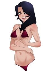 1girls anoneysnufftan bikini black_hair bust_portrait cinder_fall female female_only hair_over_one_eye orange_eyes rwby smile solo swimsuit transparent_background upper_body waist_up