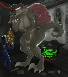 big_breasts christmas deathclaw fallout female_deathclaw giovannilol19 huge_breasts larger_female santa_hat sharp_claws smaller_male taller_girl