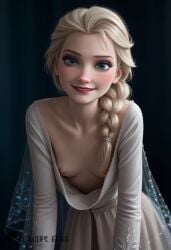 1girls ai-alter-egos ai_generated artist_name blonde_hair_female blue_eyes_female breasts disney disney_princess down_blouse elsa_(frozen) female_only frozen_(film) frozen_2 looking_at_viewer nipples single_braid smiling_at_viewer solo_female