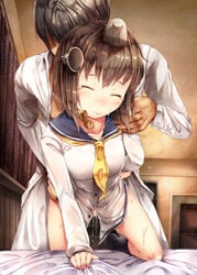 1boy admiral_(kantai_collection) blurry blush breasts brown_hair closed_eyes depth_of_field doggy_style dress female headset highres kantai_collection neckerchief panties pussy_juice sailor_collar sailor_dress school_uniform serafuku short_hair shoulder_grab small_breasts sugiyuu sweat tears underwear white_panties yellow_neckerchief yukikaze_(kantai_collection)