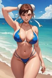 1girls ai_generated beach bikini breasts brown_eyes brown_hair chun-li thighs