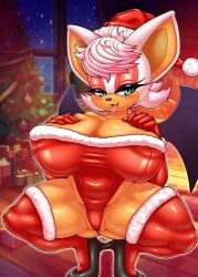 anthro bat biped breasts christmas christmas_tree clothed clothing crouching eyelashes female holidays legwear mammal membrane_(anatomy) membranous_wings michiyoshi plant pupils rouge_the_bat sega solo sonic_(series) sonic_the_hedgehog_(series) spread_legs spreading thick_thighs thigh_highs tongue tongue_out tree wings