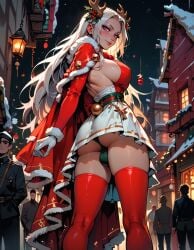 ai_generated ass ass_focus balls_in_panties bulge bulge_through_clothing christmas christmas_outfit edelgard_von_hresvelg edelgard_von_hresvelg_(snowfall_future) exhibitionism fire_emblem fire_emblem:_three_houses fire_emblem_heroes flaccid_penis futa_focus futanari manofmidas panties purple_eyes white_hair